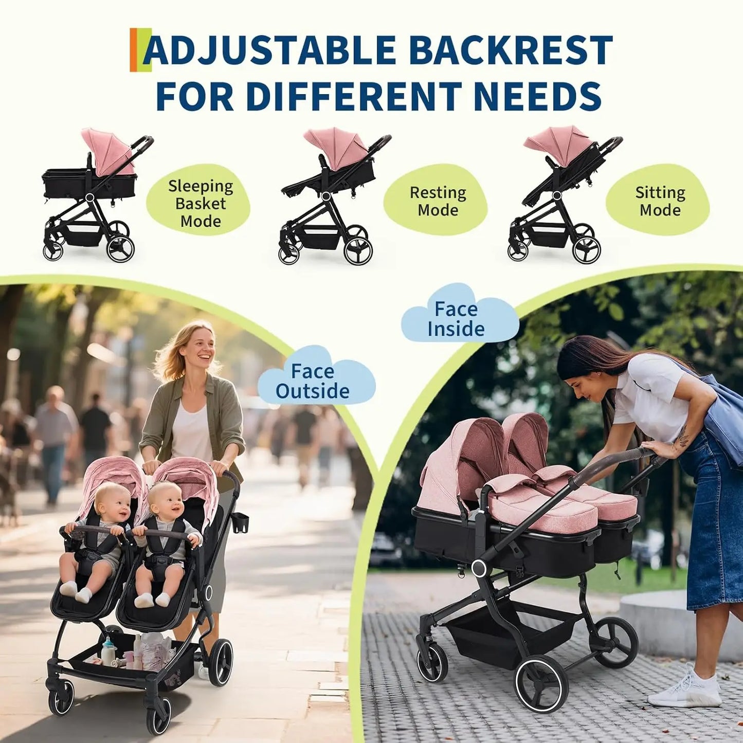Side by Side Double Stroller for Twins,Lightweight Compact Foldable Baby Travel Stroller with High Landscape Seat