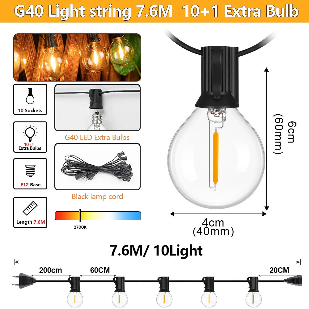 Outdoor String Lights 30M G40 LED Patio Lights EU Plug 50 Edison Bulbs 2 Spare Waterproof Hanging Light for Backyard Party Decor