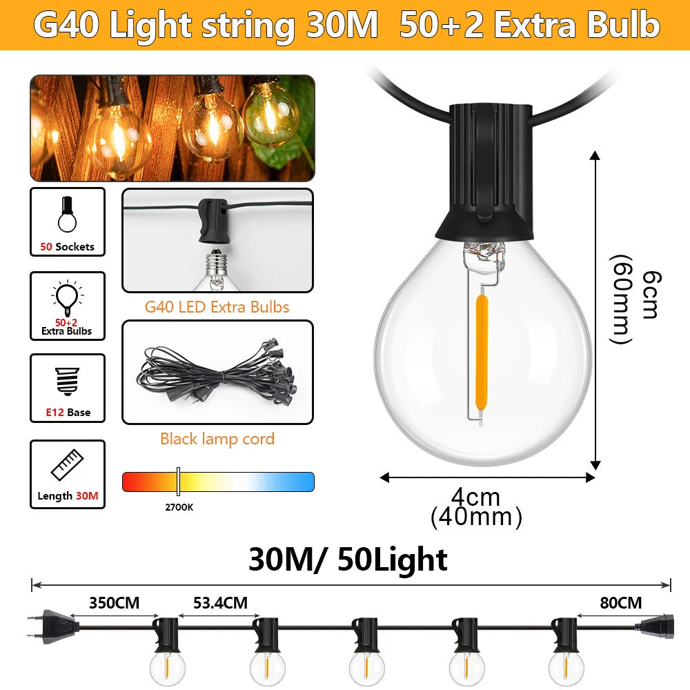 Outdoor String Lights 30M G40 LED Patio Lights EU Plug 50 Edison Bulbs 2 Spare Waterproof Hanging Light for Backyard Party Decor